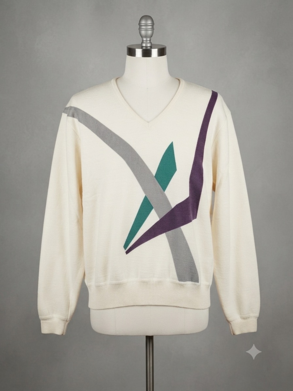 Vintage St. Croix Knits Cream V-Neck Sweater Velvet Appliqué Geometric 80s Sze L
